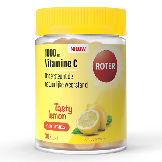 Roter Vitamine C 1000mg citroen gummi, 30 chewable tablets, natural vitamin supplement with lemon flavor.