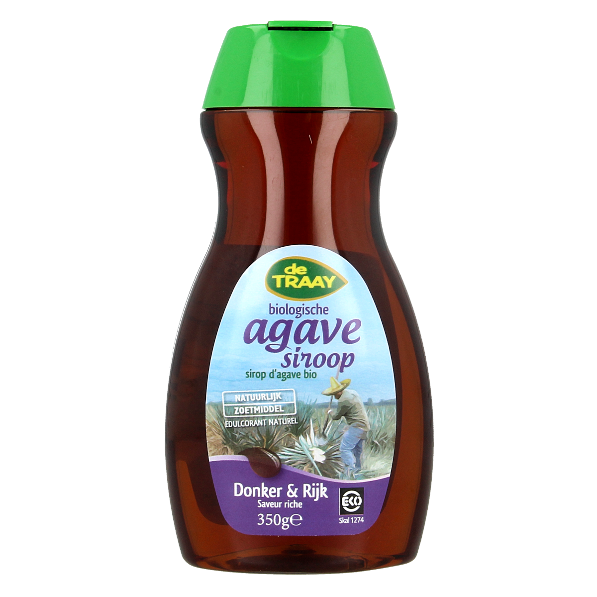Dark organic agave syrup by de Traay, 350g, rich and sweet, shown in a clear glass jar with a dark amber color.