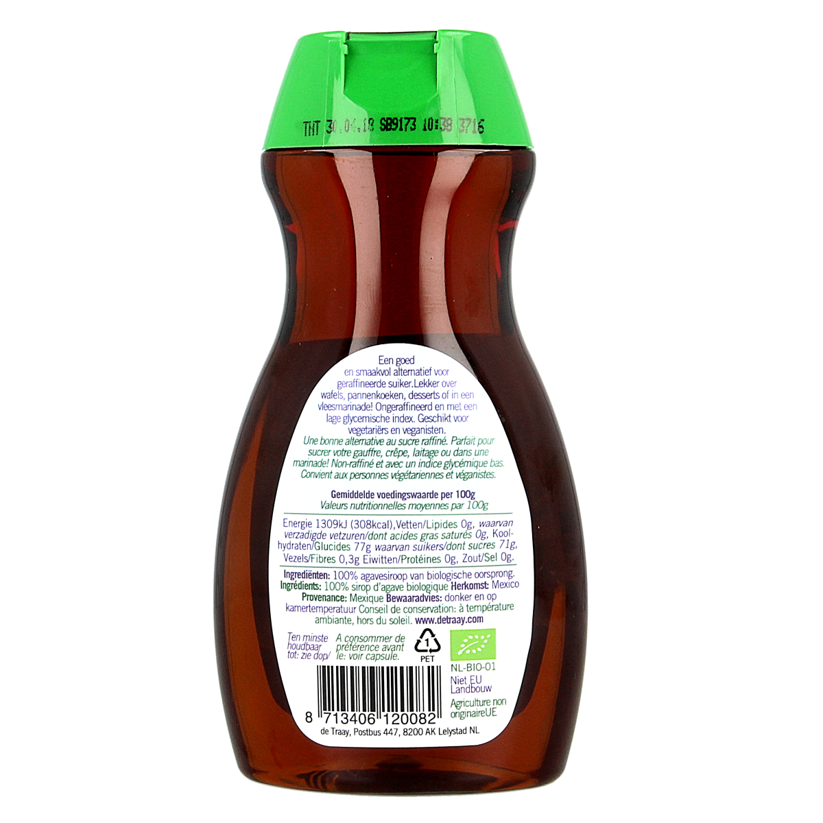 Dark organic agave syrup from de Traay in a 350g jar, rich and sweet, ideal for natural sweetening and cooking.
