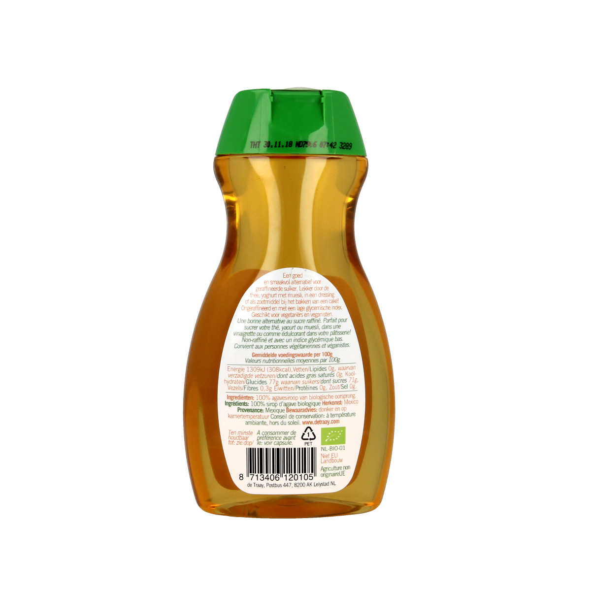 De Traay biologische agavesiroop licht en mild in 350g fles, geschikt als natuurlijke zoetstof voor koken en bakken.