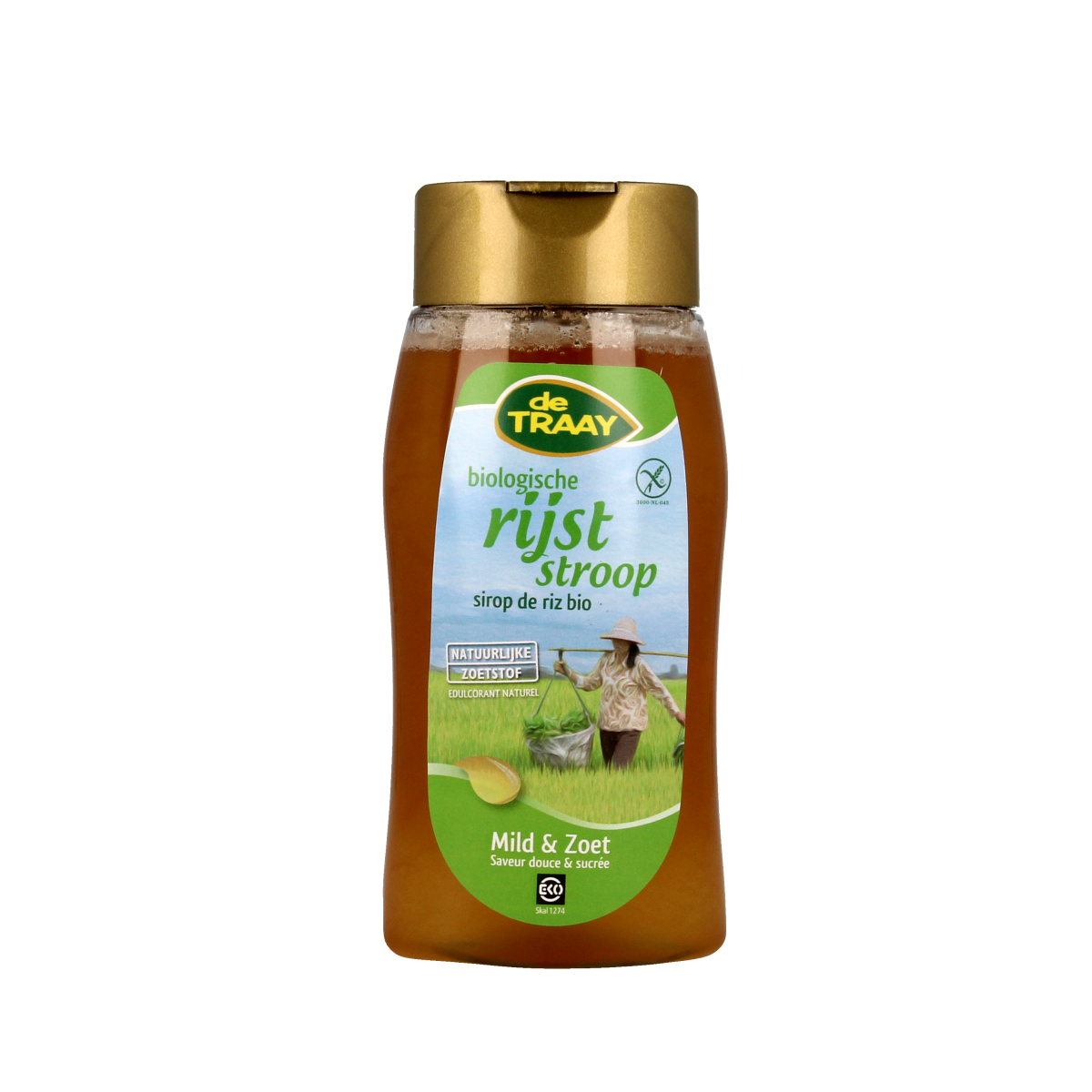 De Traay glutenvrije bio rijststroop broodbeleg in 350g jar, natural sweetener for toast and sandwiches.