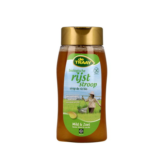 De Traay glutenvrije bio rijststroop broodbeleg in 350g jar, natural sweetener for toast and sandwiches.