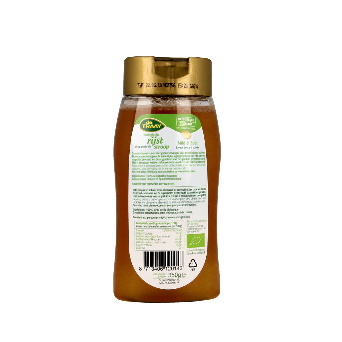 De Traay biologische glutenvrije rijststroop, 350g, als broodbeleg op toast, met gouden kleur en glanzende textuur.