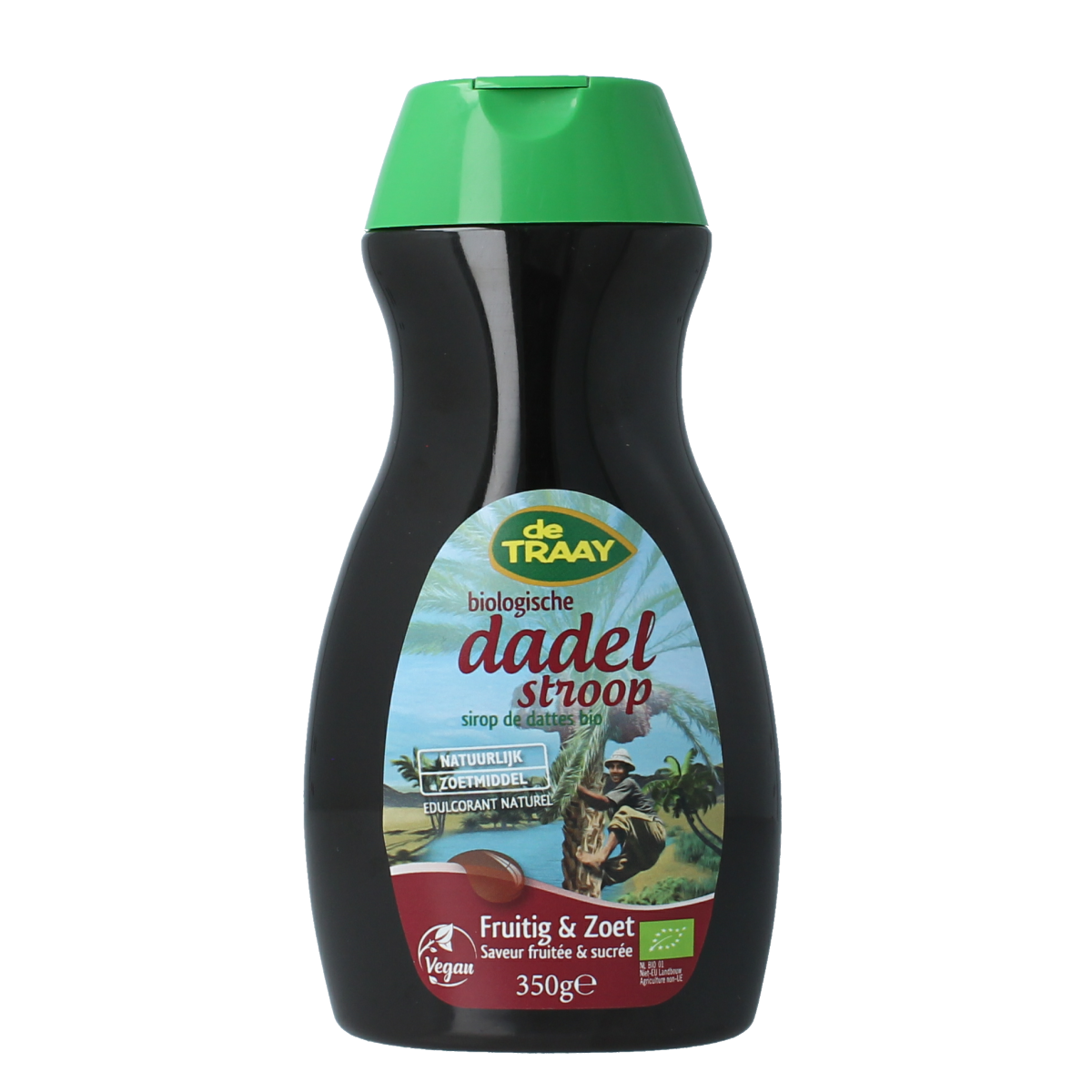 De Traay biologische dadelstroop fruitig en zoet in 350g jar, showing the label and rich caramel-colored syrup inside.