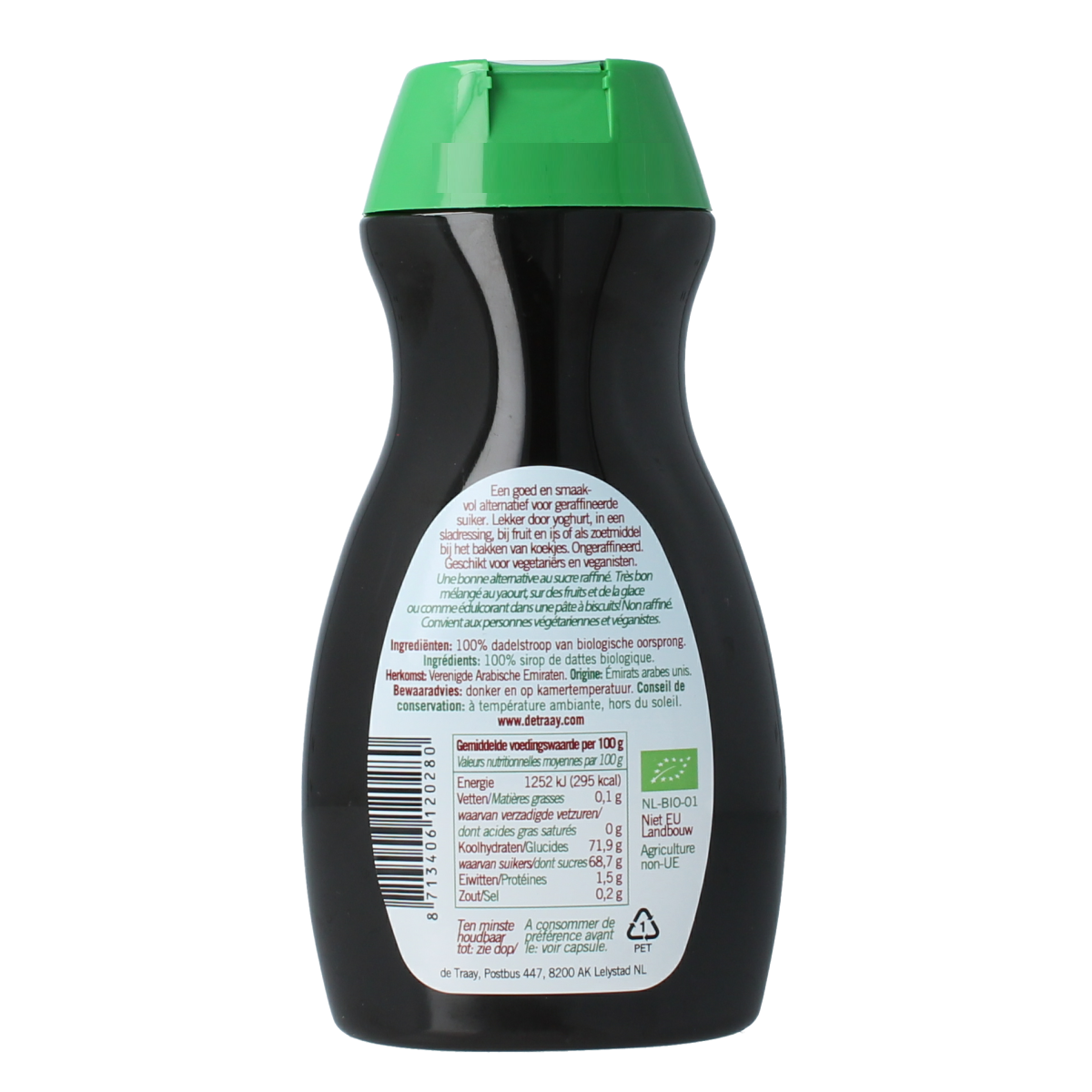 De Traay organic date syrup in a 350g jar, showcasing the rich, amber-colored, fruit-based sweetener for baking and cooking.