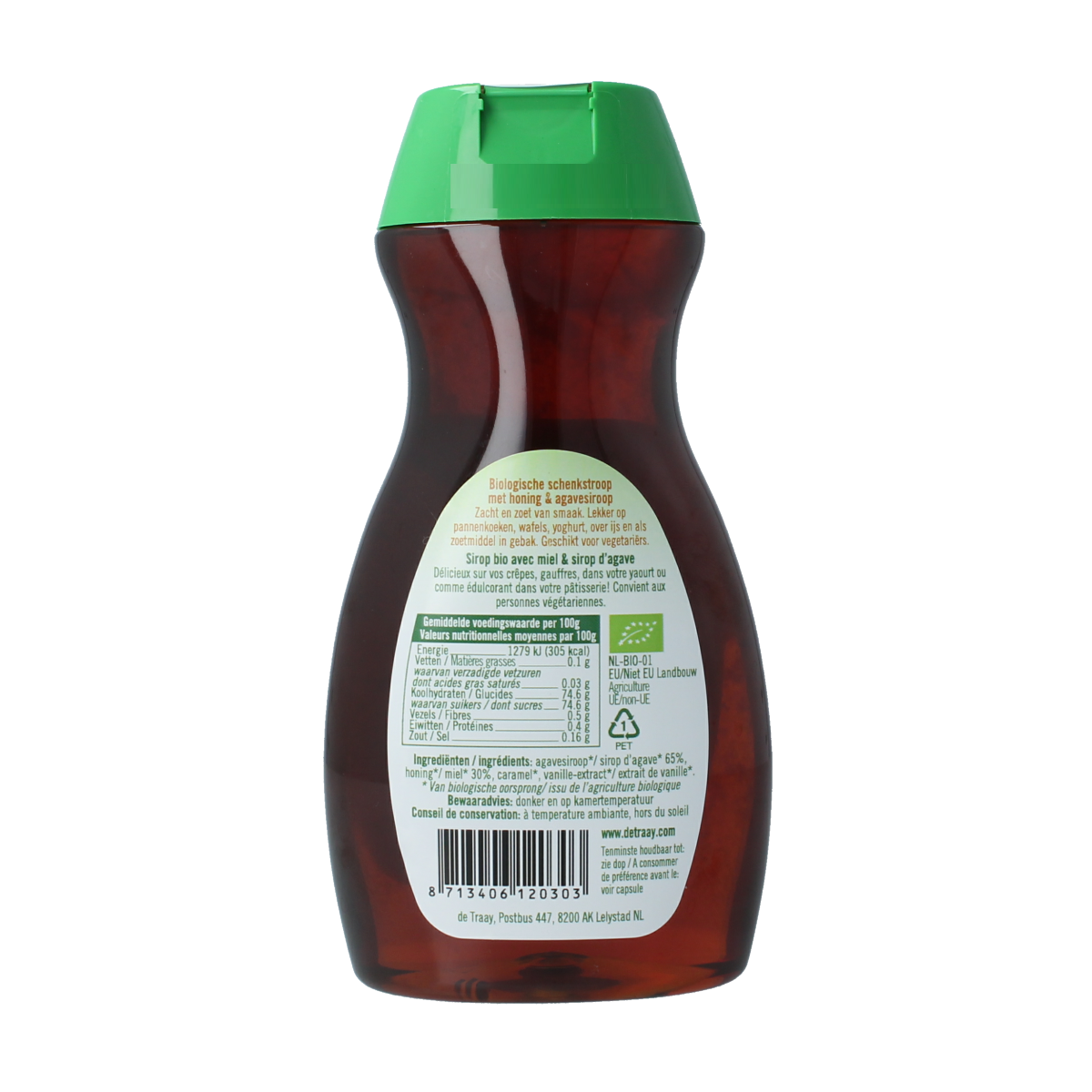 Glass jar of de Traay organic schenkkstroop, 350 grams, with a golden-brown syrup inside.