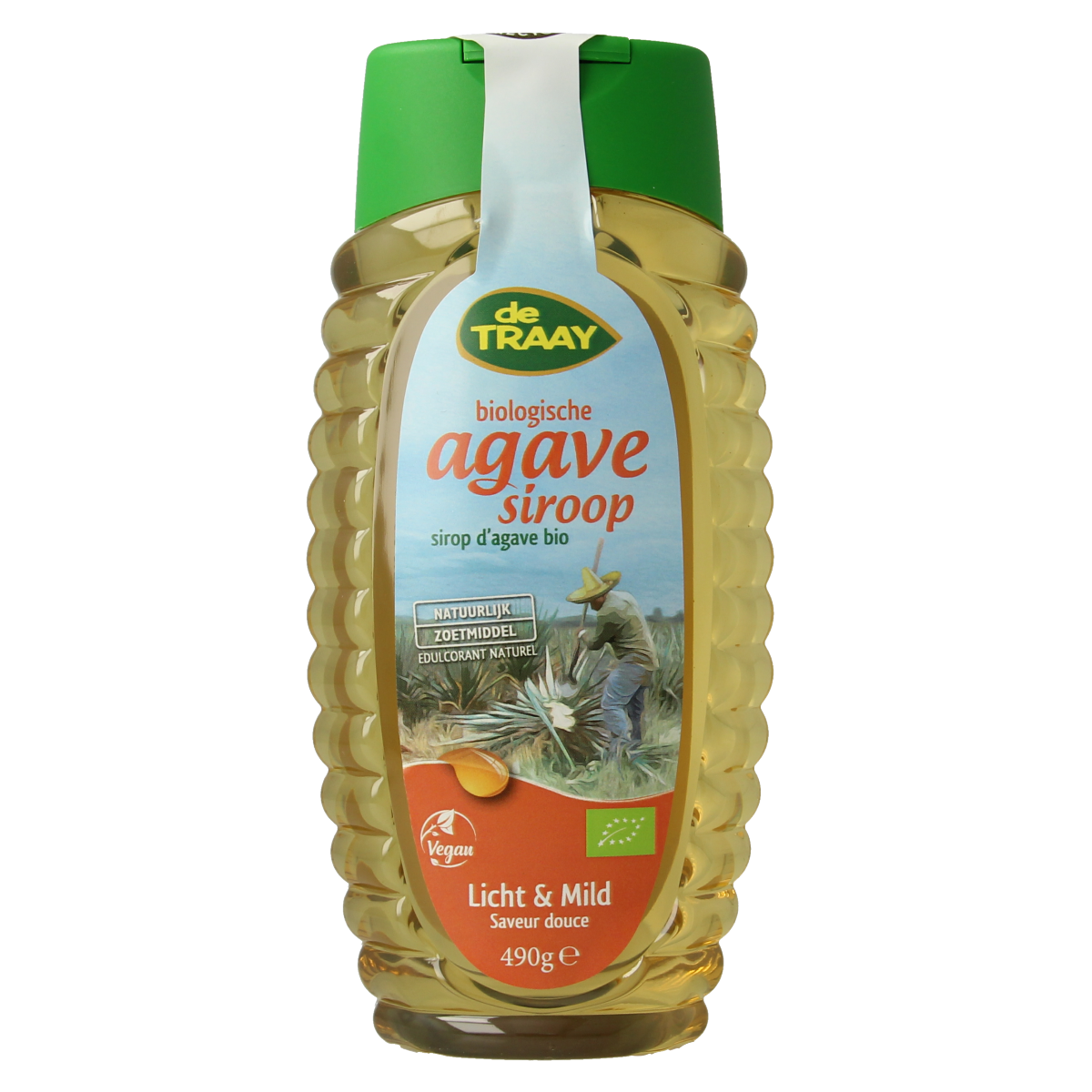 de Traay agavesiroop licht en mild biologisch in een 490g fles, zoetstof en suikers, natuurlijke plantaardige zoetmaker