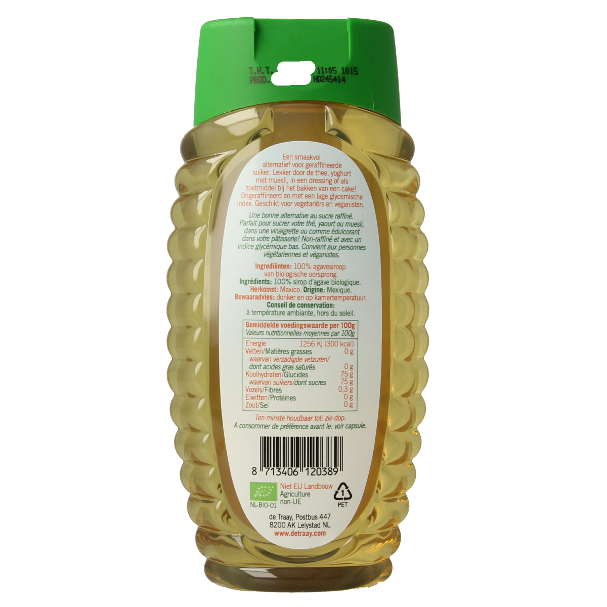 De Traay biologische agavesiroop in een heldere fles, licht en mild, voor gebruik als natuurlijke zoetstof.