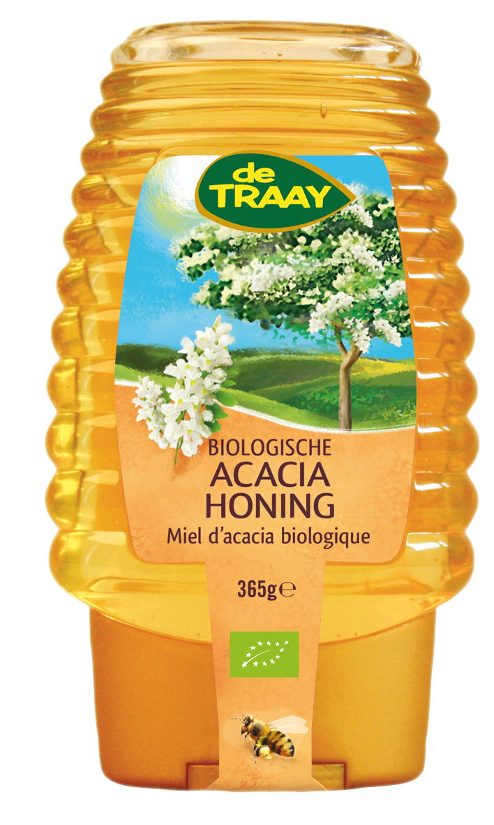 De Traay organic acacia honey in a 365g squeeze bottle, golden honey with a smooth, clear liquid appearance.