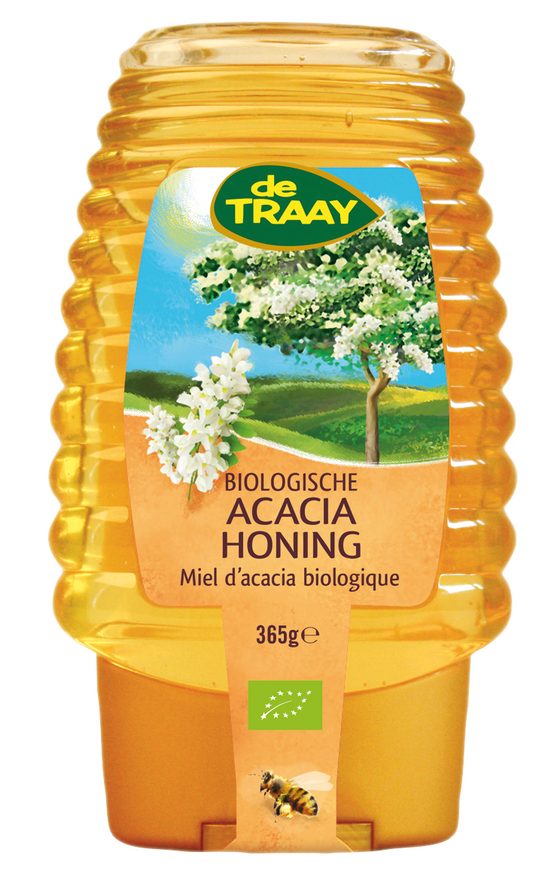 De Traay organic acacia honey in a 365g squeeze bottle, golden honey with a smooth, clear liquid appearance.