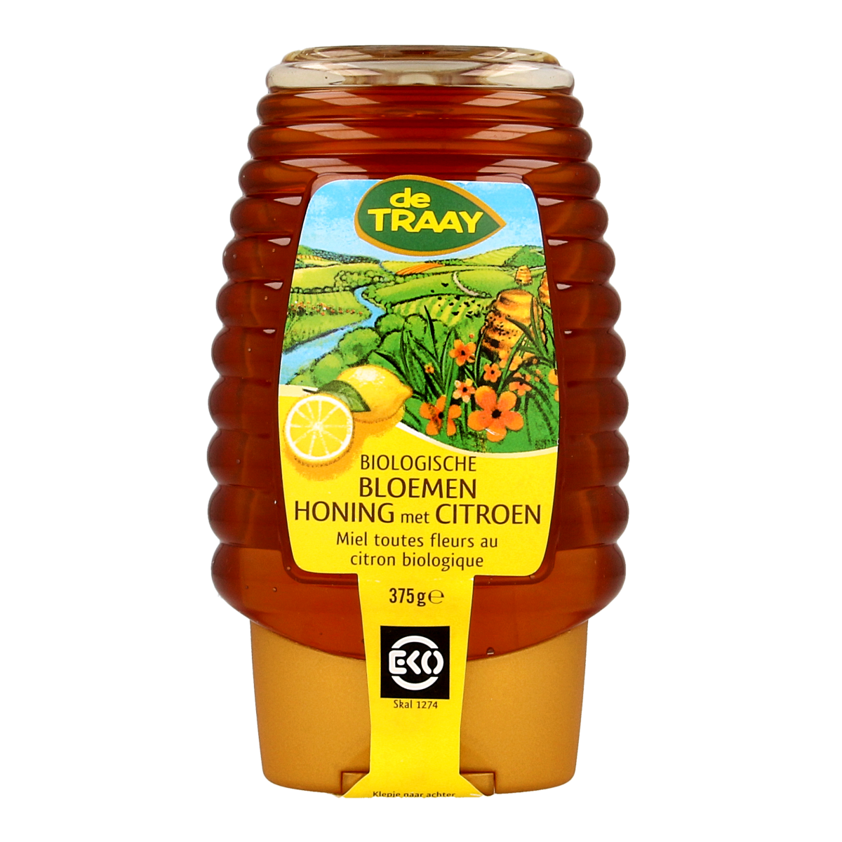 de Traay bloemenhoning met citroen in bio knijpfles, 365 gram, natural honey with lemon in squeeze bottle