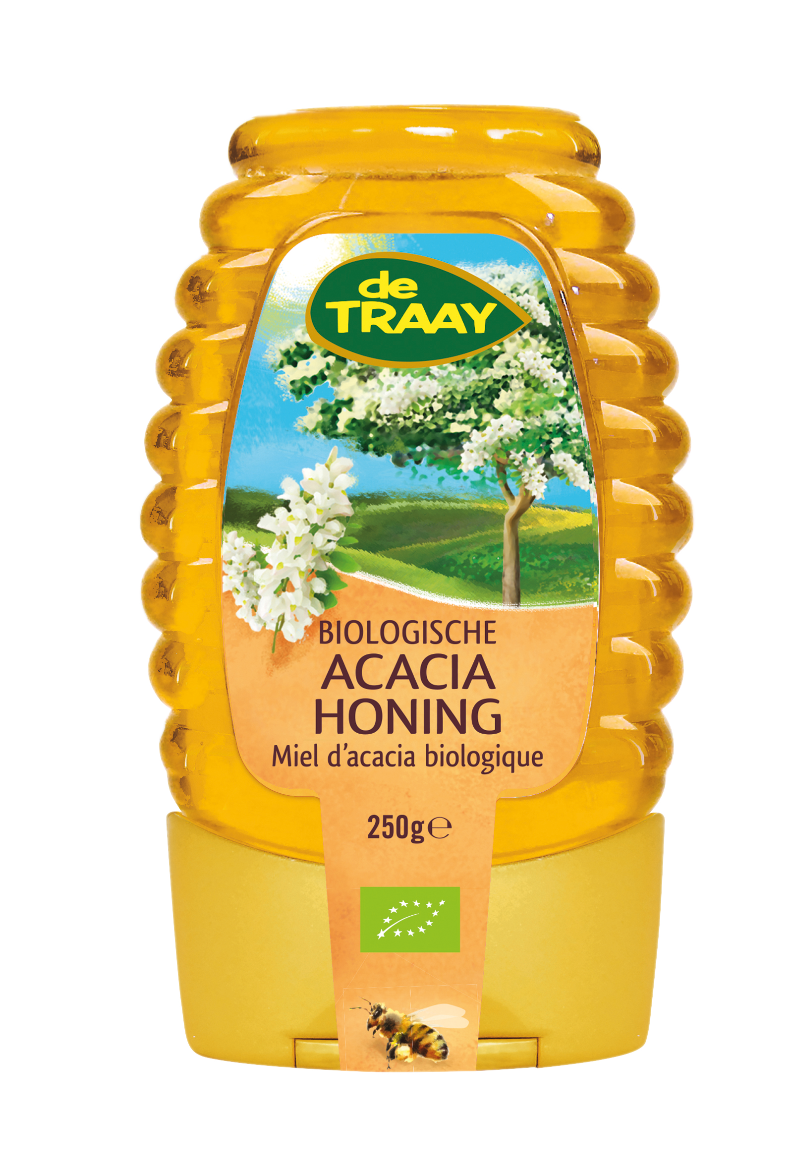de Traay organic acacia honey in a 250g squeeze bottle, golden honey drizzling from the nozzle