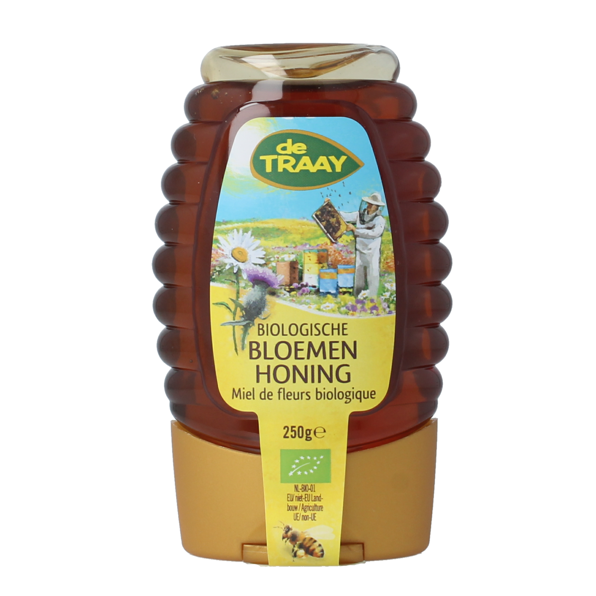 De Traay Bloemenhoning knijpfles bio 250g jar showing golden honey inside, with a clear squeeze bottle for easy dispensing.
