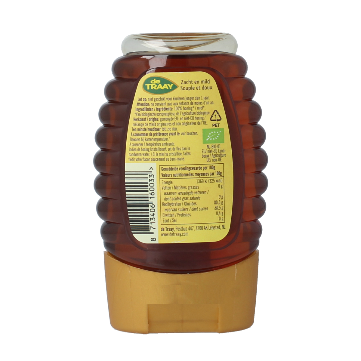 De Traay bio bloemenhoning in 250g knijpfles, showing golden honey with floral notes and a clear squeeze bottle.