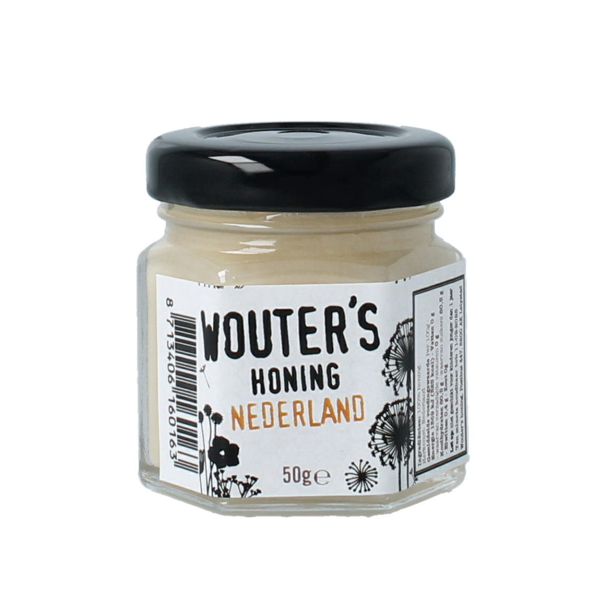 De Traay Wouters Nederlandse voorjaarshoning in 50g jar, showcasing golden honey with a smooth texture and natural floral notes.