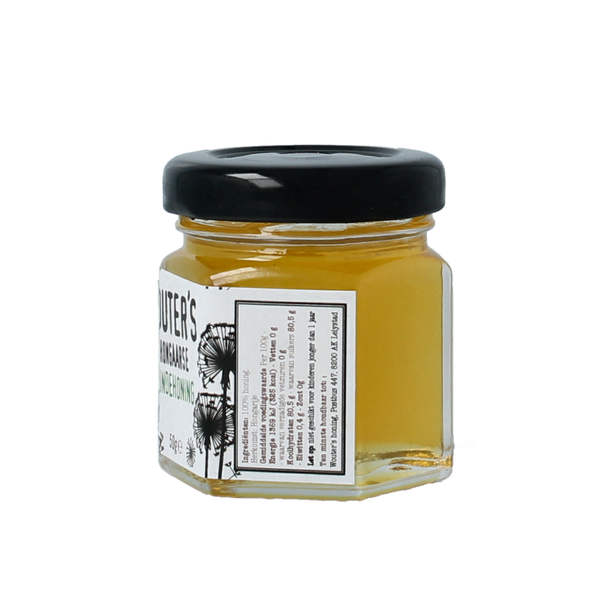 De Traay Wouters Hongaarse lindehoning in a 50g jar, showing the golden honey inside with a honey dipper.