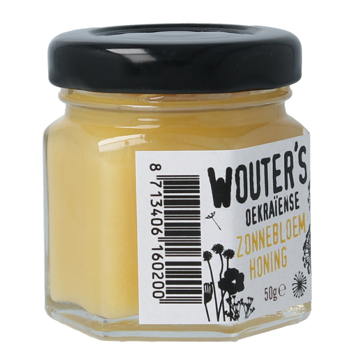 de Traay Wouters Oekraiense zonnebloemhoning in 50g jar, golden honey with sunflower flavor, shown in the image.