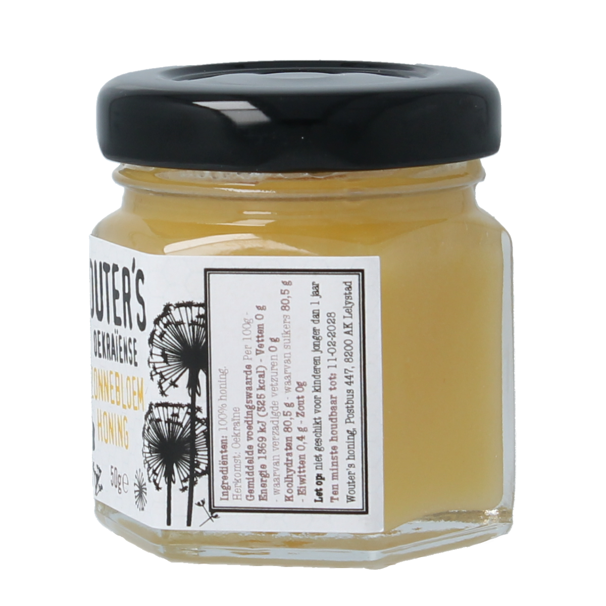 de Traay Wouters Oekraiense zonnebloemhoning in 50g jar, natural honey with sunflower flavor, shown in glass jar.