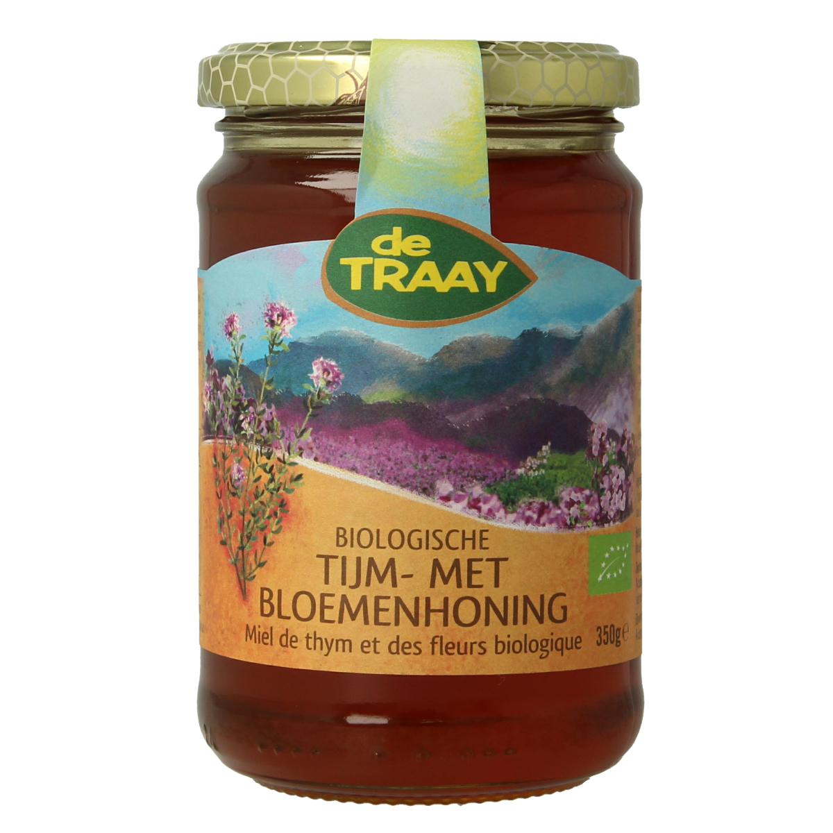 De Traay biologische tijmhoning met bloemenhoning in 350g jar, showing golden honey with floral elements on the label.