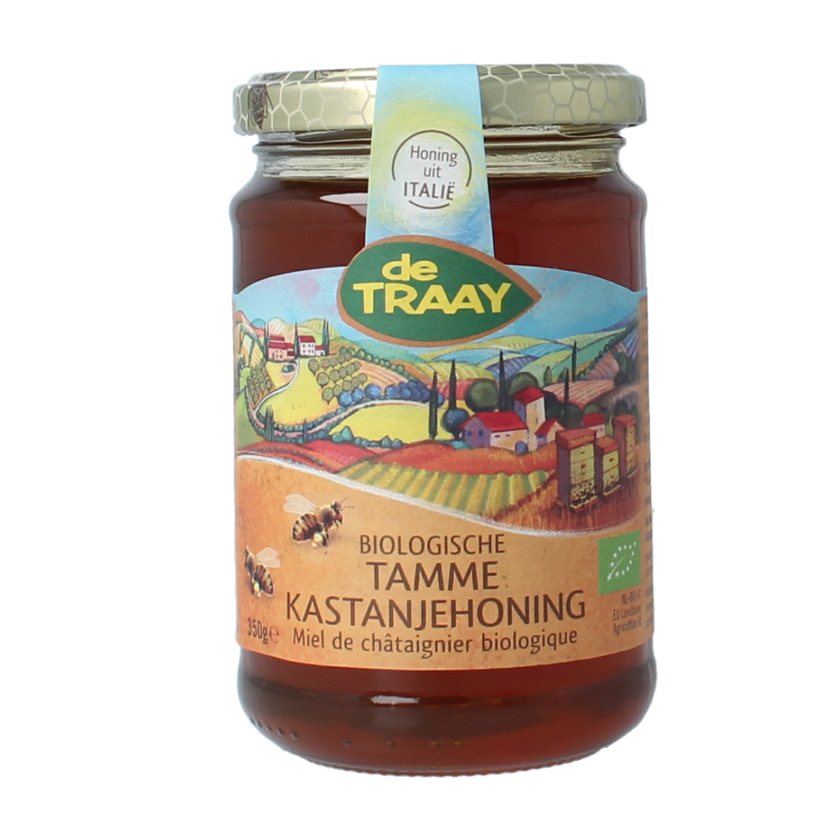 de Traay organic tamme chestnut honey jar, 350g, showing the glass container with golden honey inside.