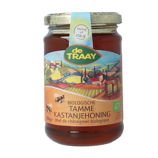 de Traay organic tamme chestnut honey jar, 350g, showing the glass container with golden honey inside.