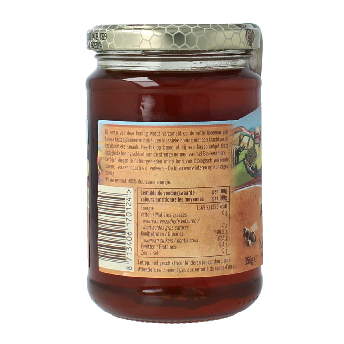 De Traay organic chestnut honey jar with a clear label, showcasing the 350g size and natural, golden honey inside.