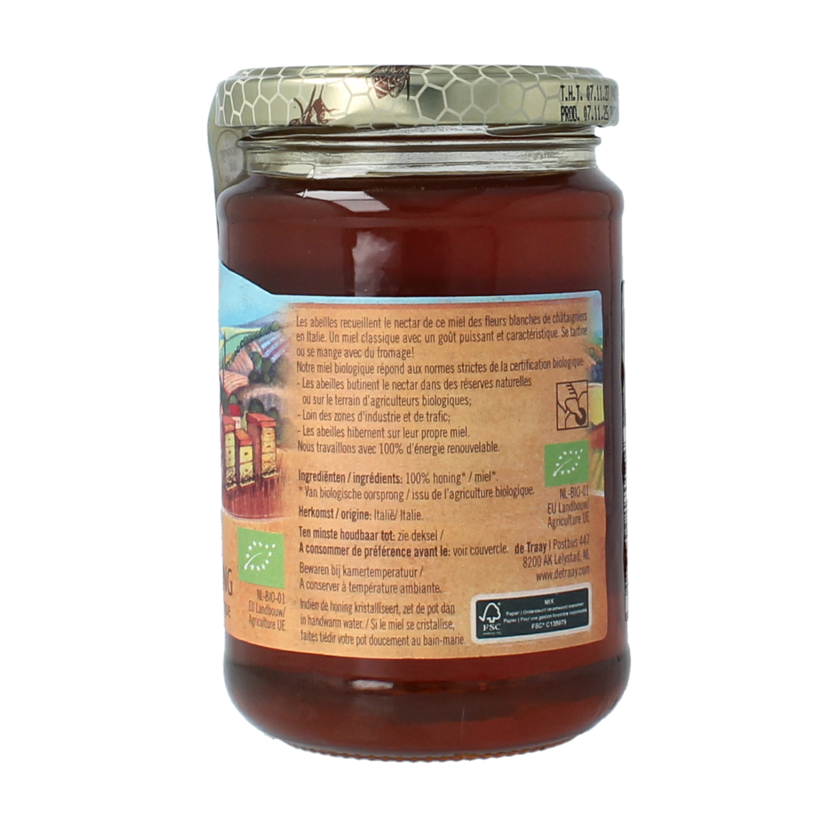 Organic de Traay kastanjehoning tamme honey jar with a label, showcasing a 350g glass of rich, natural honey.