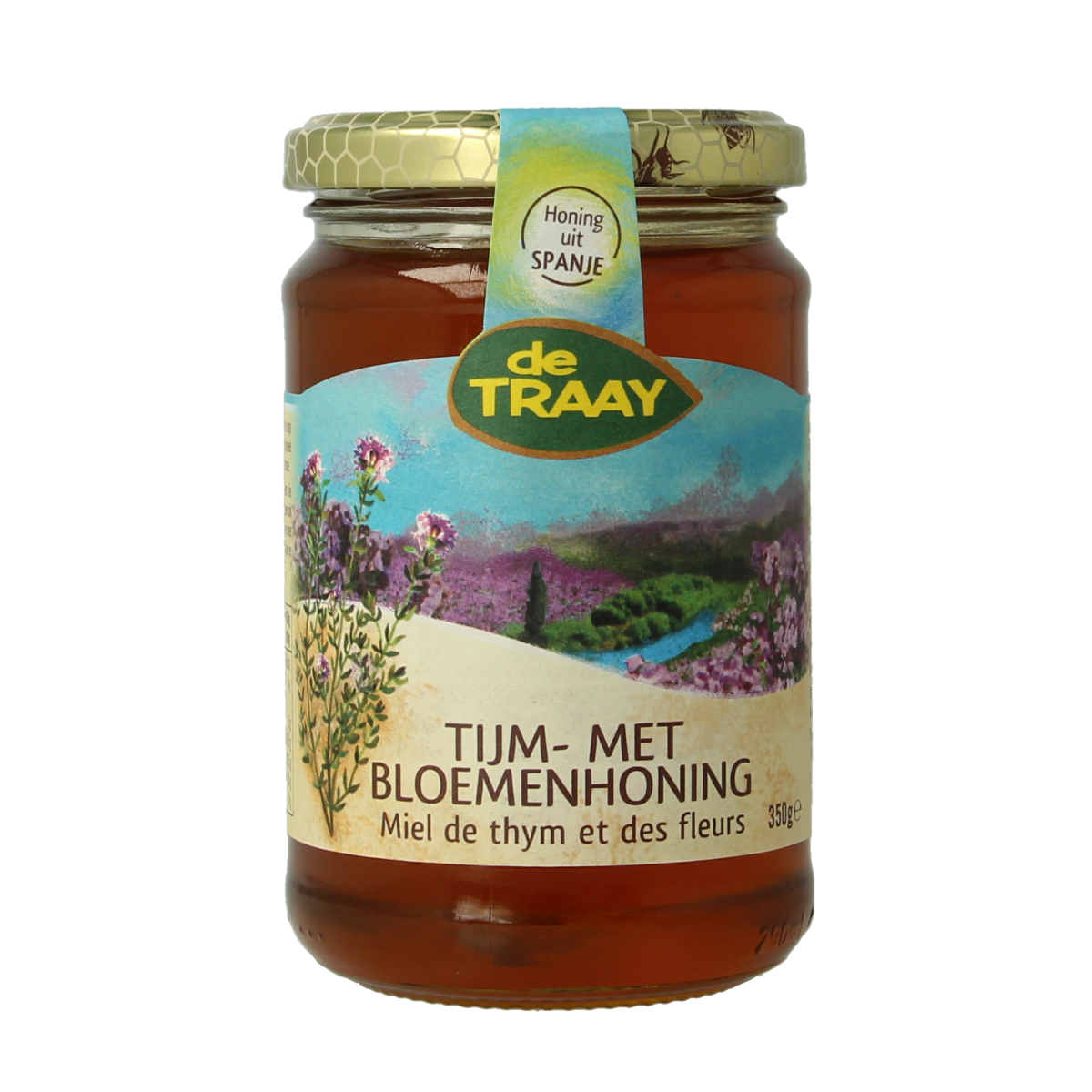 Jar of de Traay thyme honey with flower nectar, 350g, showcasing the honey's golden color and floral infusion.