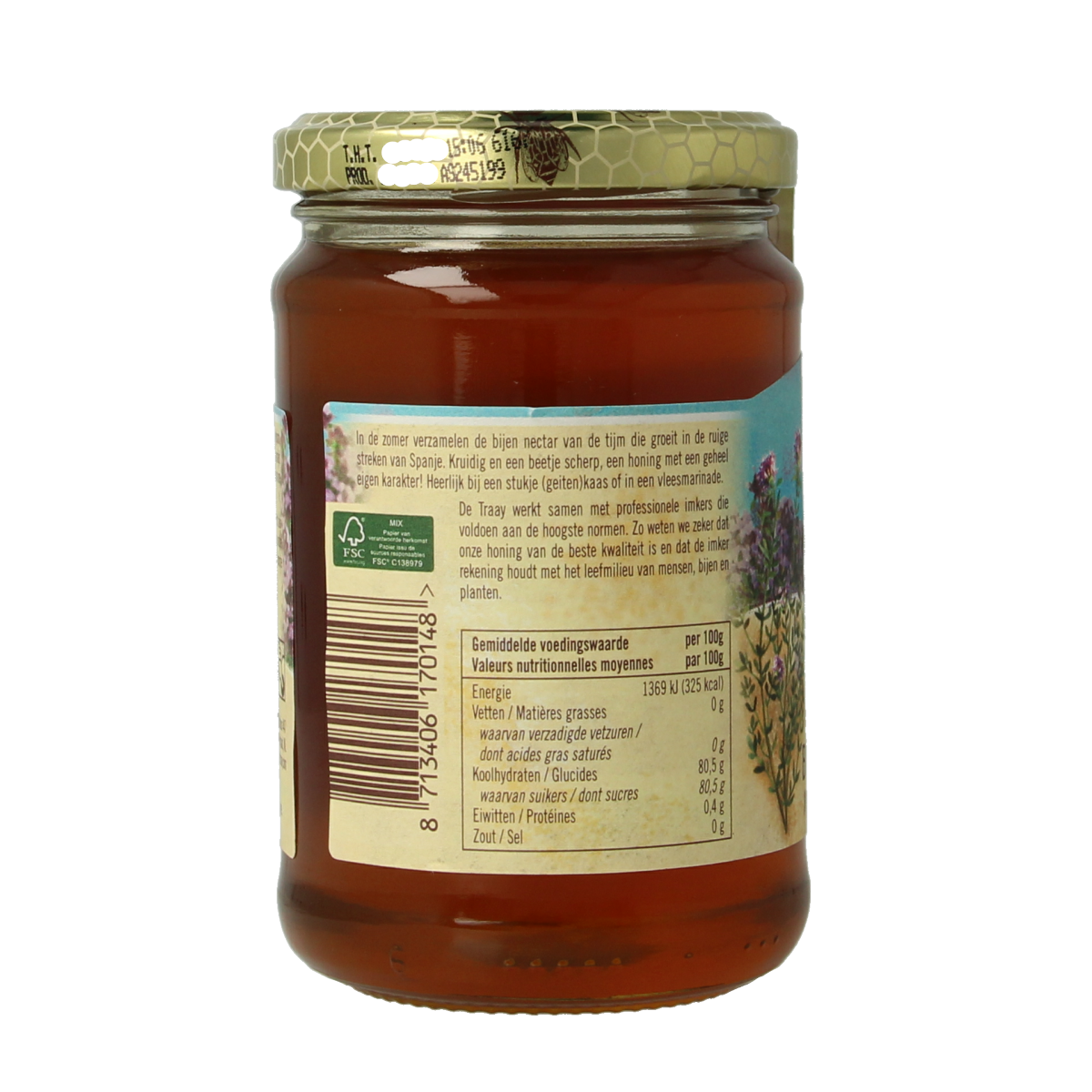 Jar of de Traay thyme honey with flower hints, 350g, showcasing the honey's golden color and floral infusion.