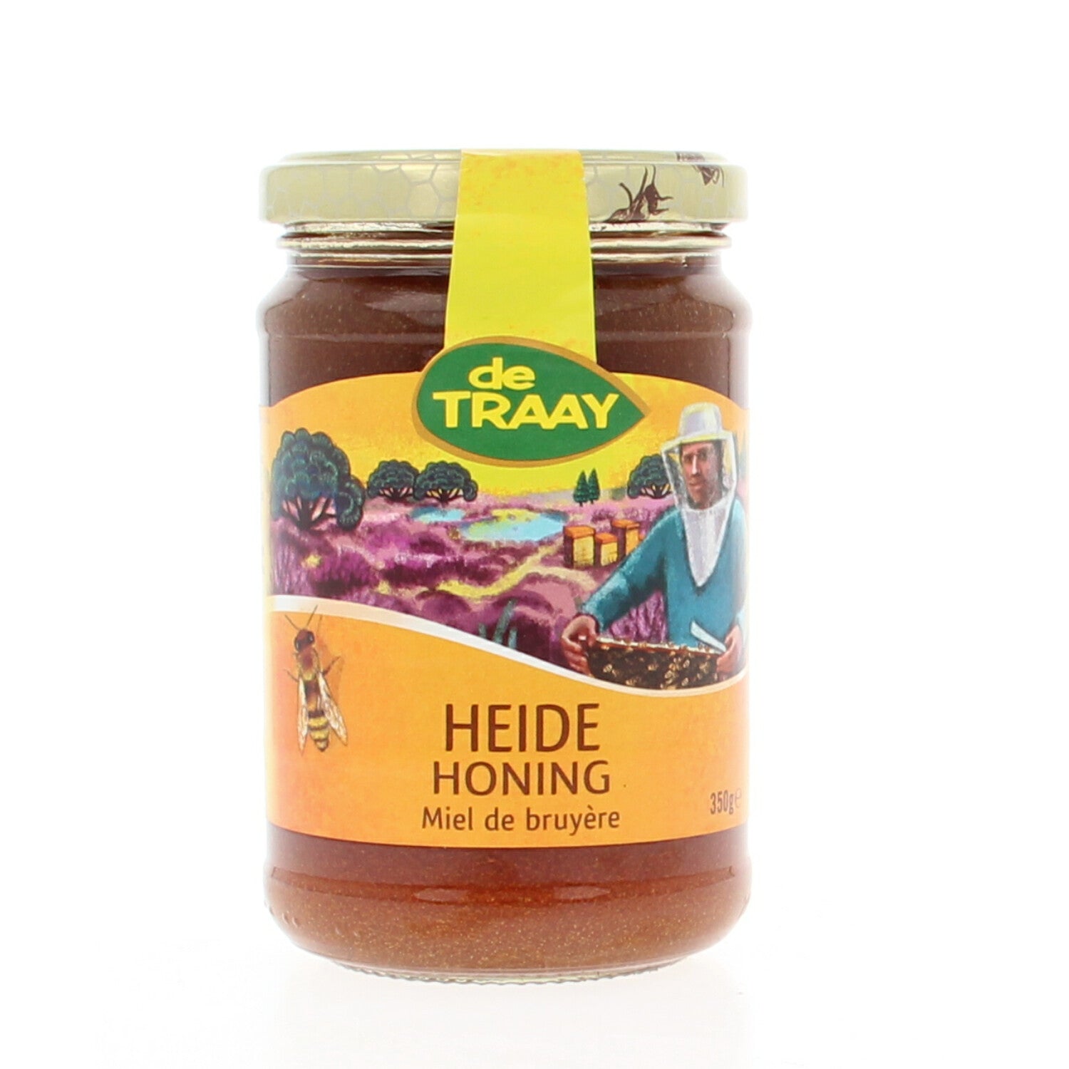 De Traay Heidehoning 350g jar of natural honey with golden, thick honey drizzled over a wooden spoon.