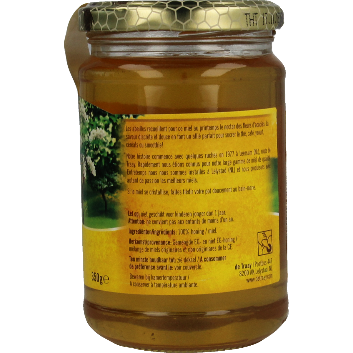 Jar of de Traay acacia honey in a 350g glass container, showing golden, smooth honey with a white lid.