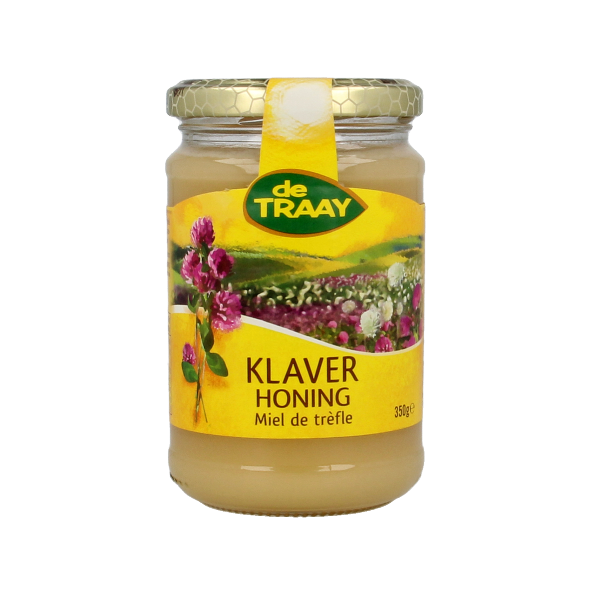 de Traay Klaverhoning creme jar with golden honey, 350g, showcasing the creamy honey spread in a clear glass jar.