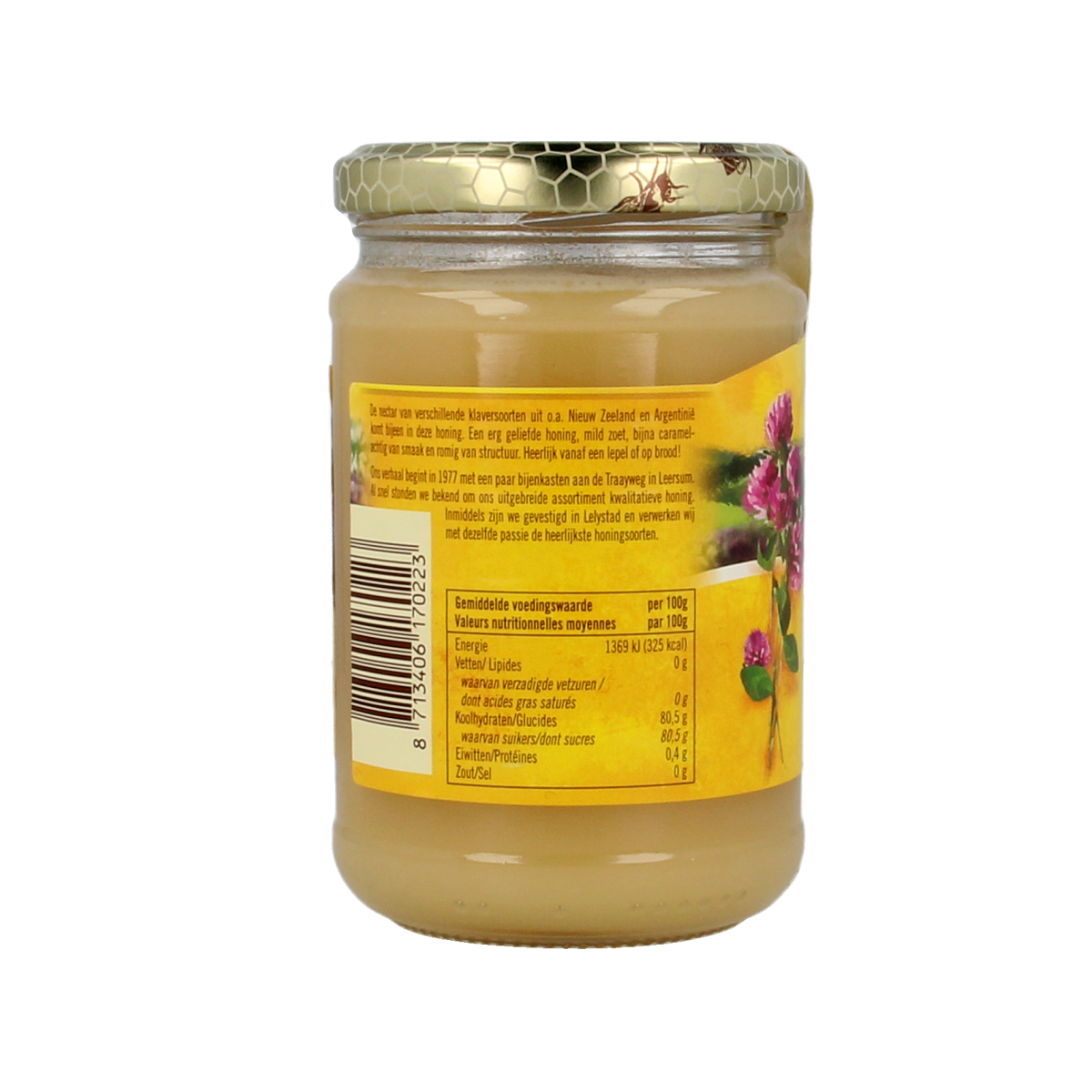 De Traay Klaverhoning creme in 350g jar, smooth honey with a golden color, shown in a close-up image.