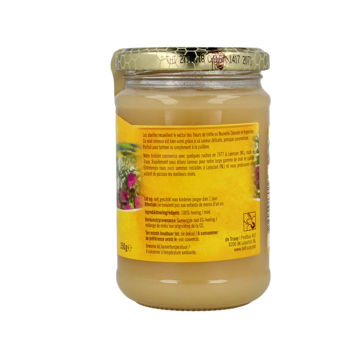 de Traay Klaverhoning creme jar containing 350g honey, with a smooth, golden honey texture and clear product label.