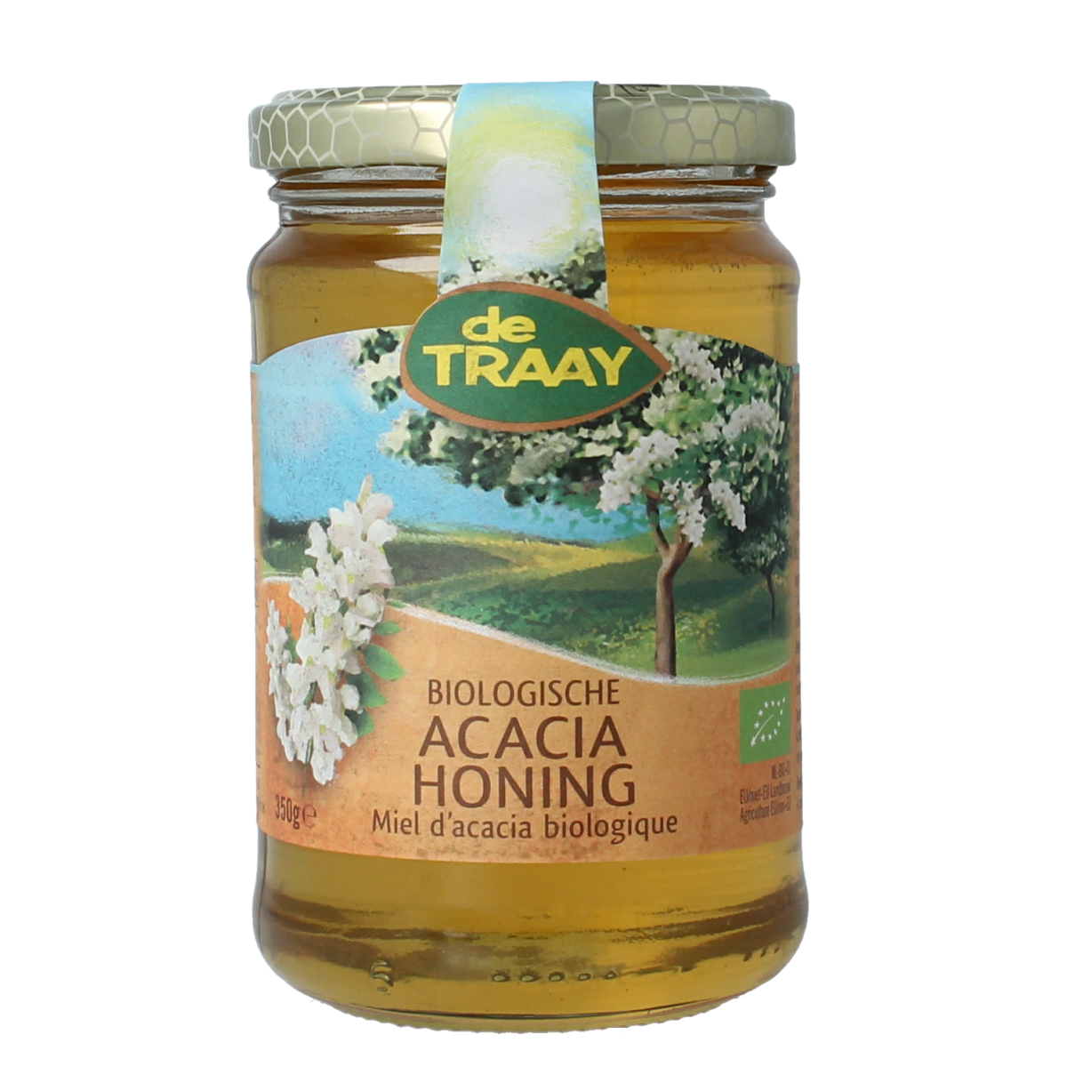 Glass jar of de Traay organic acacia honey, 350 grams, showcasing smooth, golden honey with a clear label.
