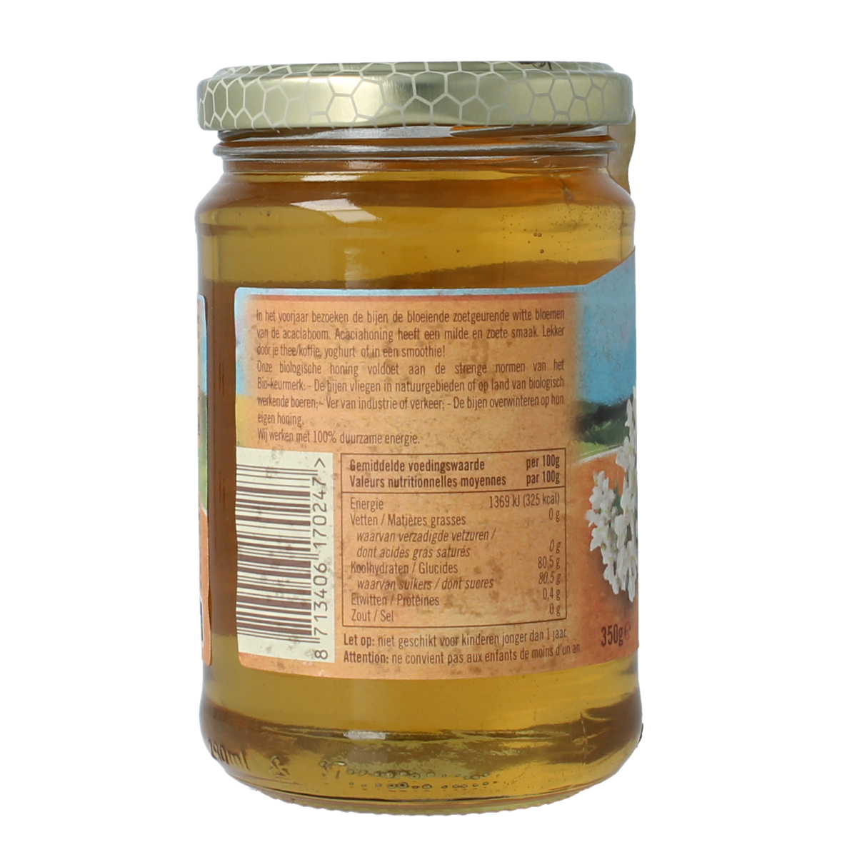 Organic de Traay acacia honey in a 350g jar, featuring golden, smooth honey with a natural, floral aroma.