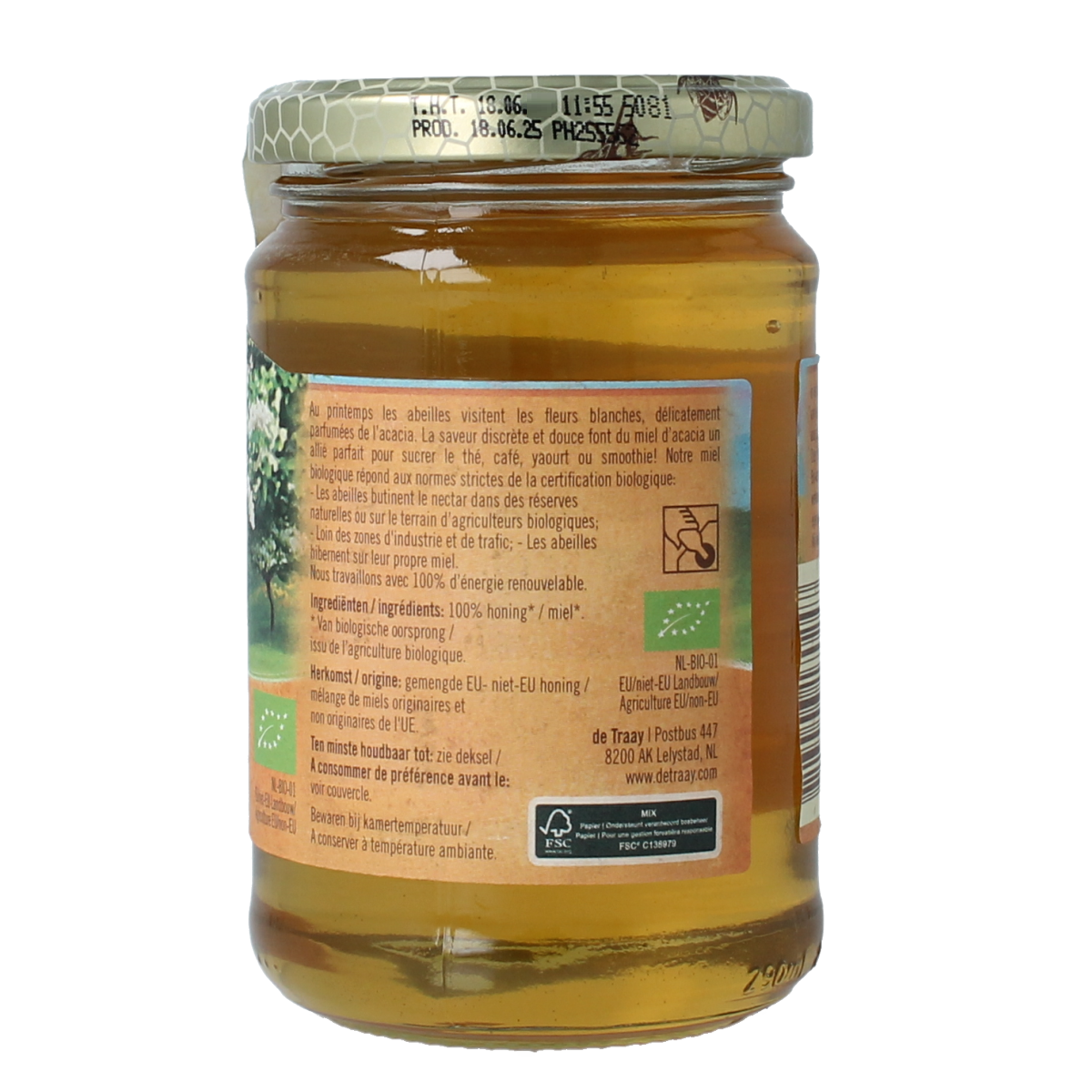 Jar of de Traay organic acacia honey showing golden honey with a clear label, highlighting natural, pure honey from de Traay.