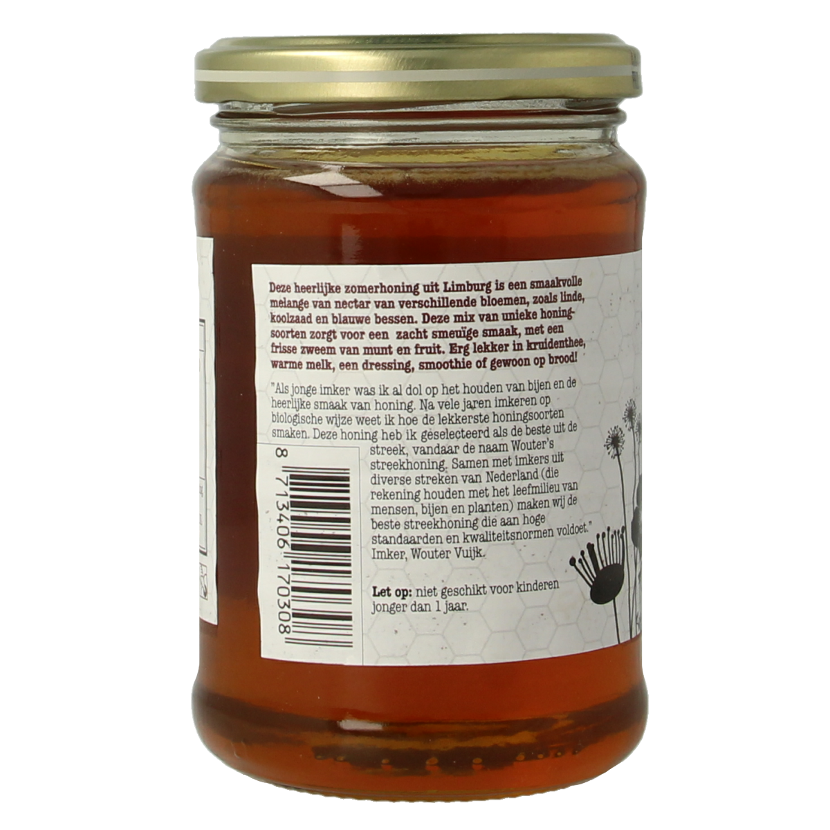 De Traay Wouters Limburg honey jar with 350g of natural honey, featuring a clear label and golden honey inside.