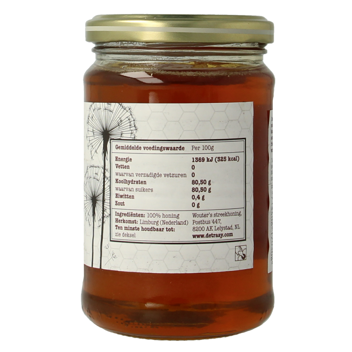 de Traay Wouters Limburg honey jar with 350g of golden honey, showcasing the textured honey surface and label.
