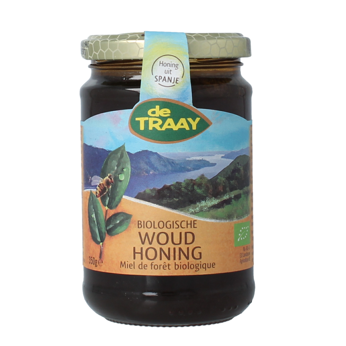 De Traay organic wild honey jar, 350 grams, showcasing the label and golden honey inside the glass container.