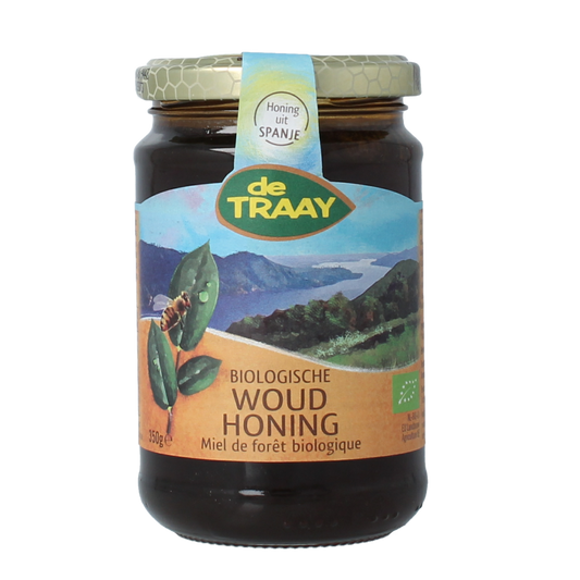 De Traay organic wild honey jar, 350 grams, showcasing the label and golden honey inside the glass container.