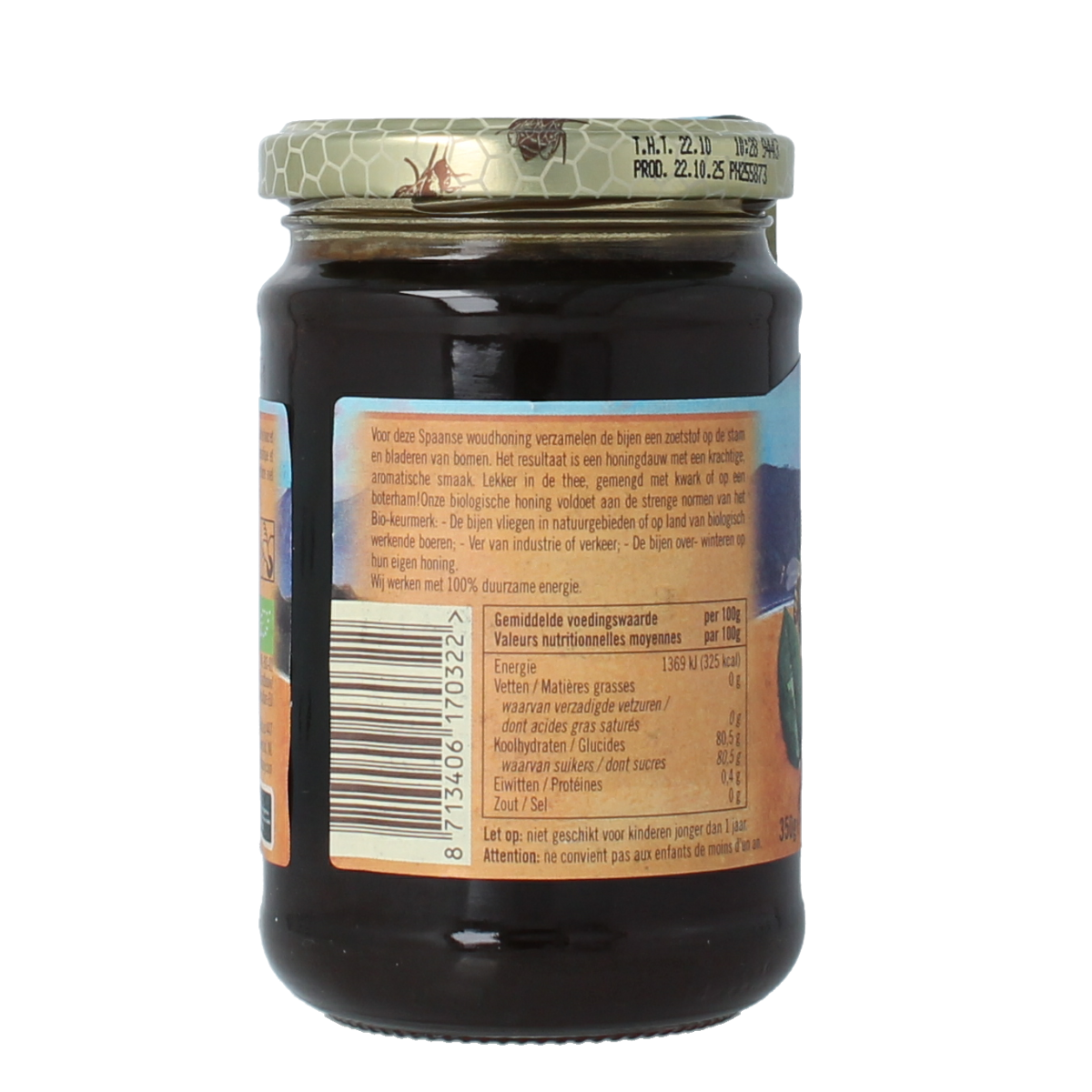 Jar of de Traay organic wild honey in a 350g glass container with a golden honey dipper.