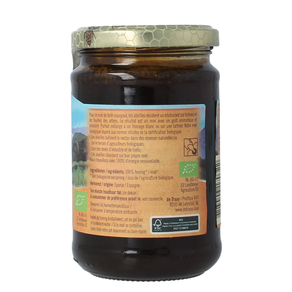 Jar of de Traay organic Woudhoning honey, 350 grams, with a natural golden color and clear honey texture.