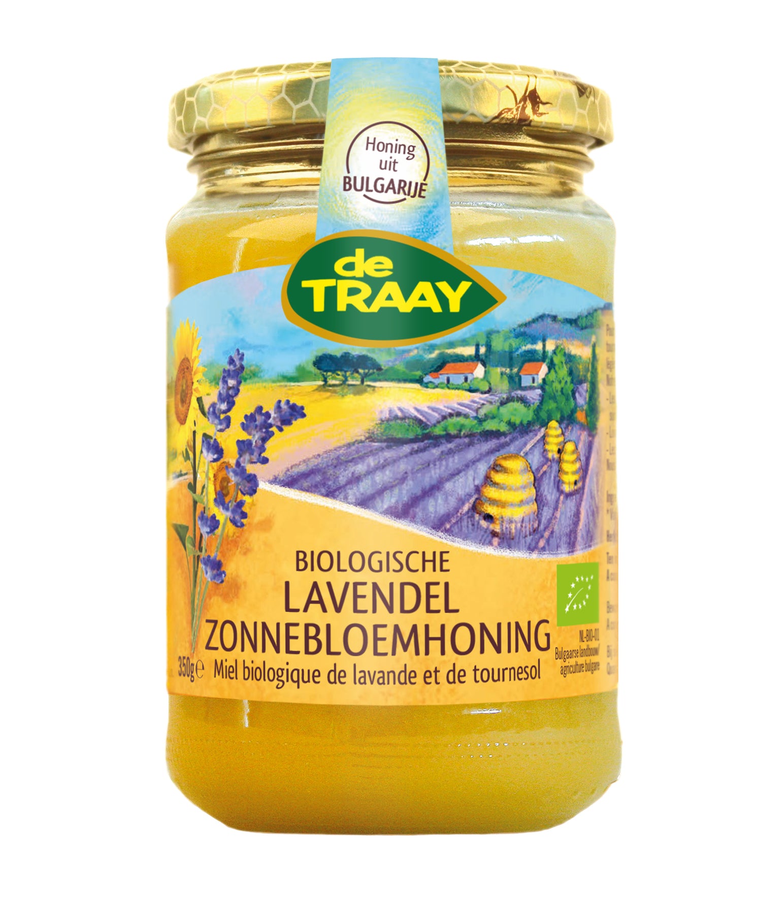 De Traay organic lavender honey in a 350g jar, showing golden honey with lavender flowers on the label.