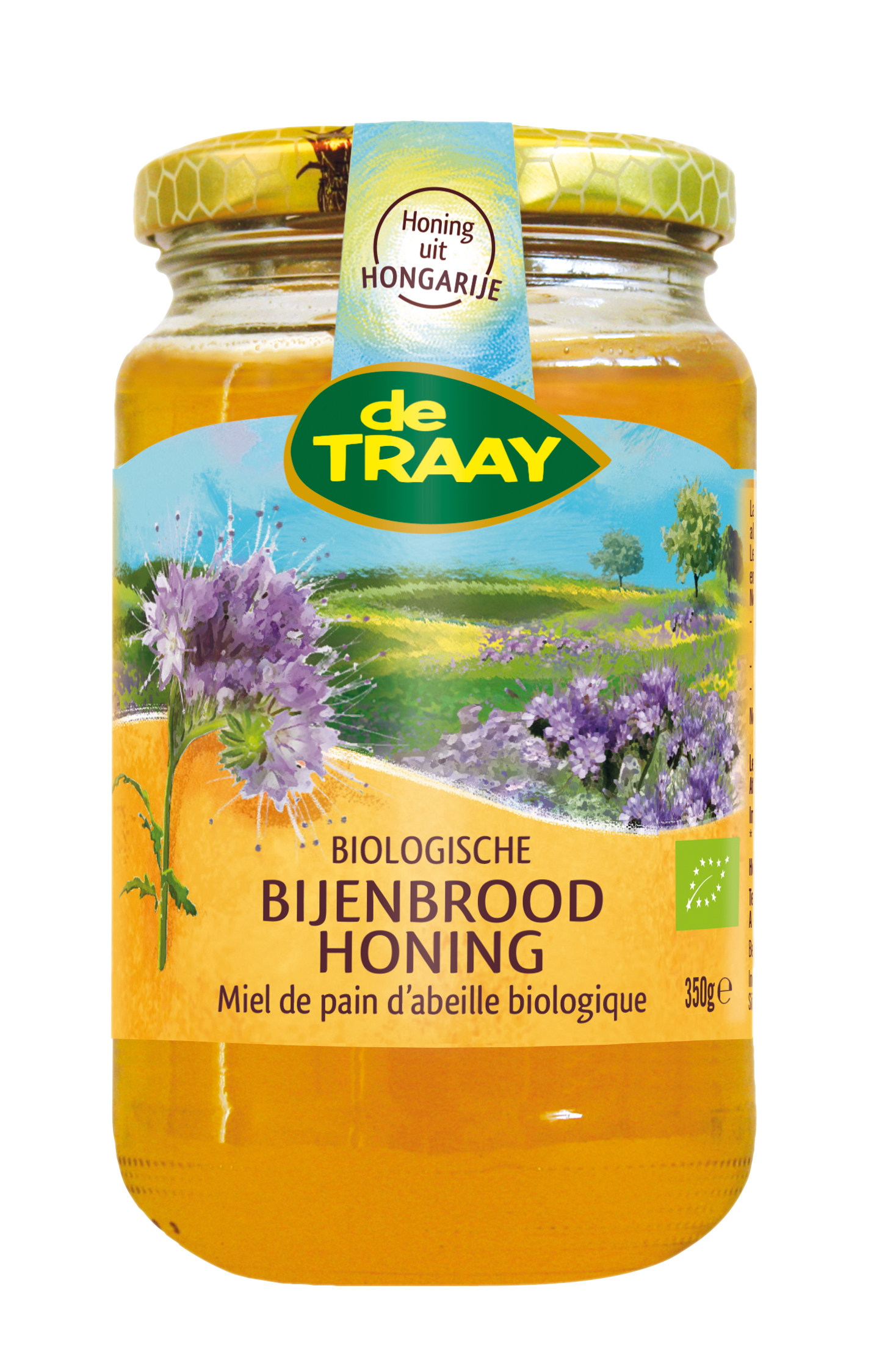 Organic de Traay Bijenbroodhoning honey jar, 350g, with golden honey visible in glass jar, natural and pure honey product.
