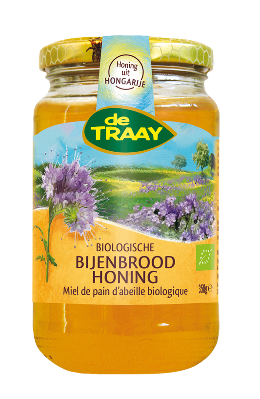 Organic de Traay Bijenbroodhoning honey jar, 350g, with golden honey visible in glass jar, natural and pure honey product.