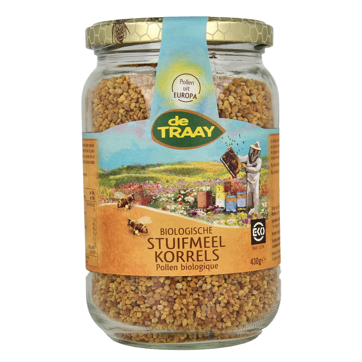 de Traay organic pollen grains in a 430g package, raw superfood product with natural yellow pollen visible in the image.