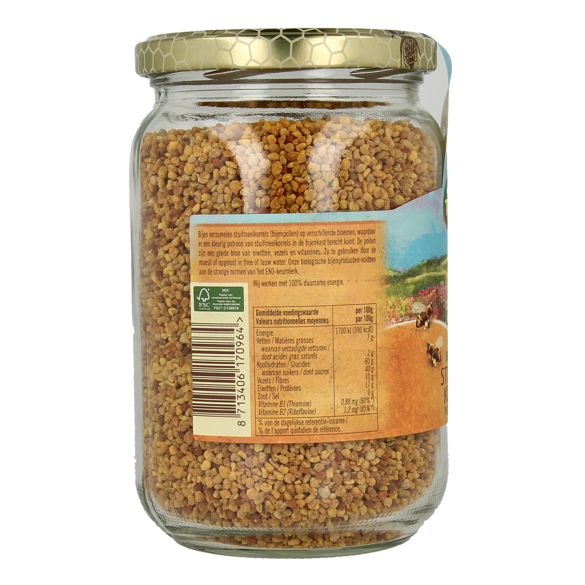 Organic de Traay bee pollen granules in a 430g package, raw superfood rich in nutrients, shown in the product image.
