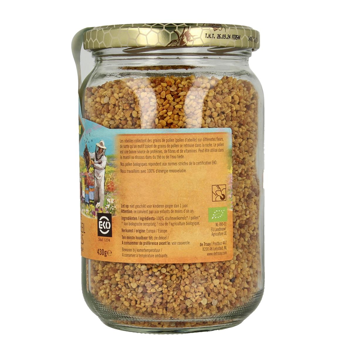 Organic de Traay bee pollen granules in a 430g package, showcasing golden raw superfood pollen grains.