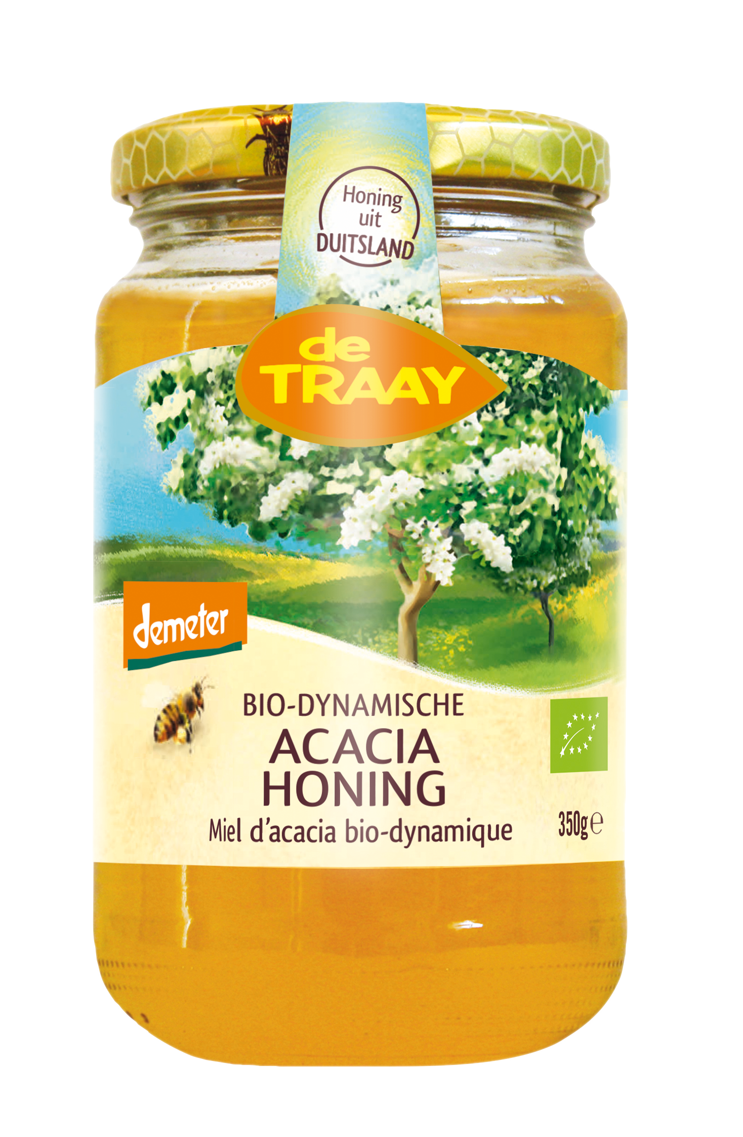 De Traay Demeter bio acacia honey jar with gold lid, 350g, showcasing clear, golden acacia honey in a glass container.